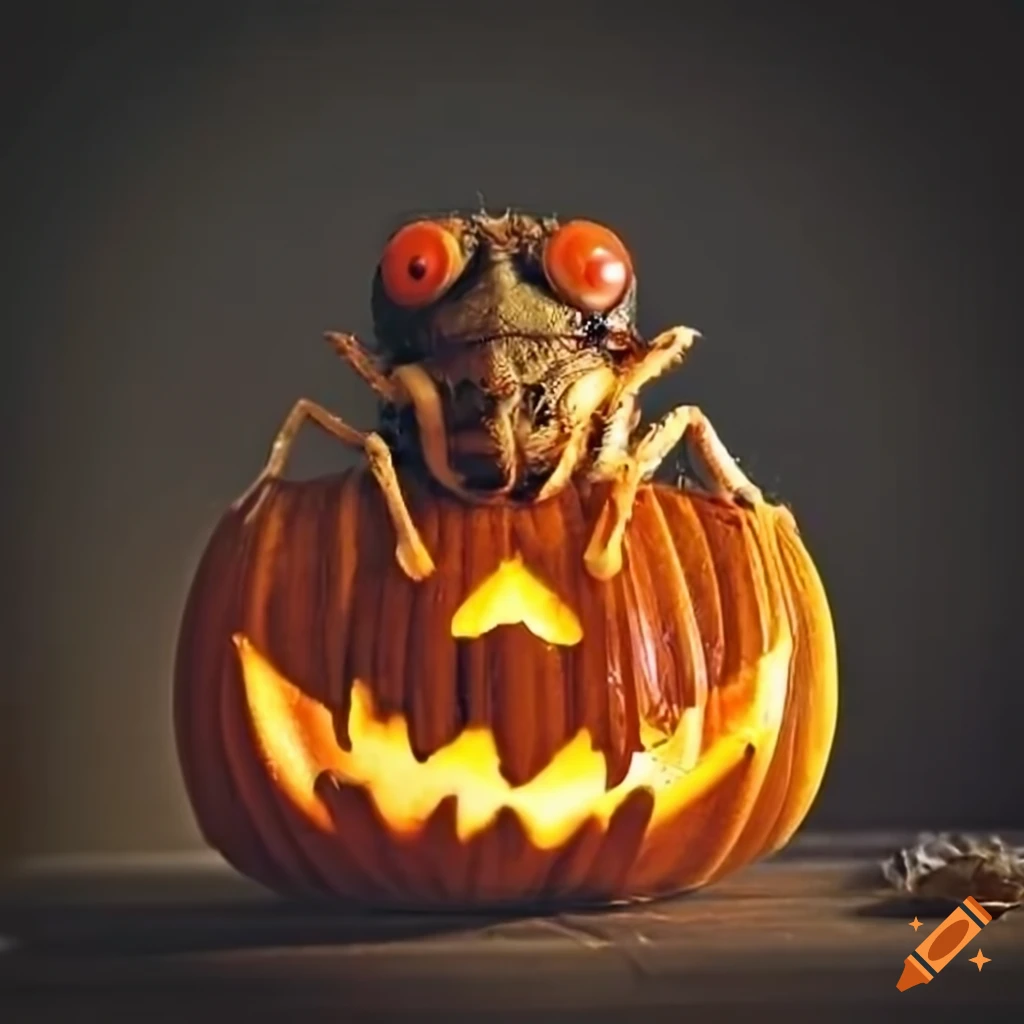 cicada on a Halloween jack-o-lantern