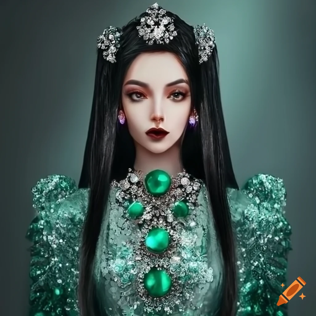 A beautiful princess in a dark green sequin velvet dress on Craiyon