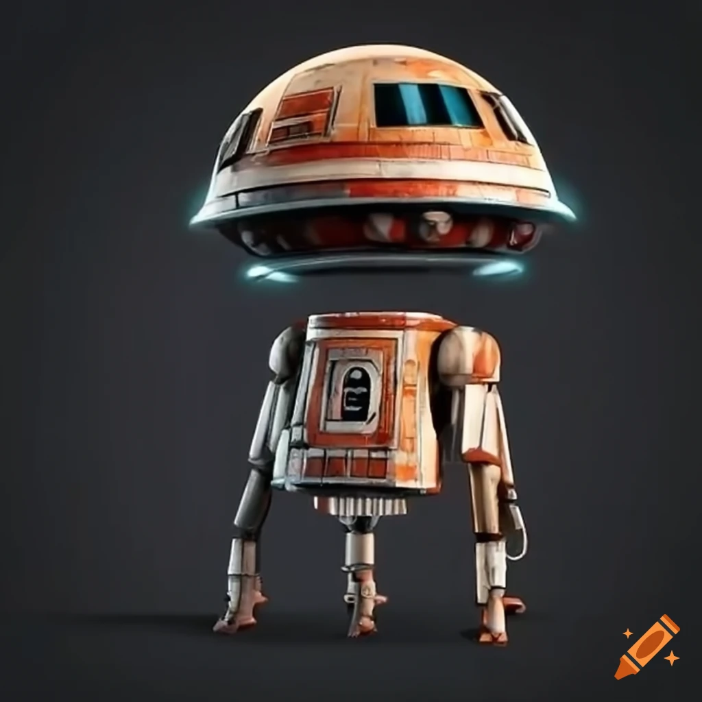 image of a small round droid with spider legs and a rocket booster