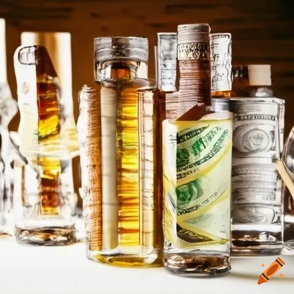 Vodka and money stacks