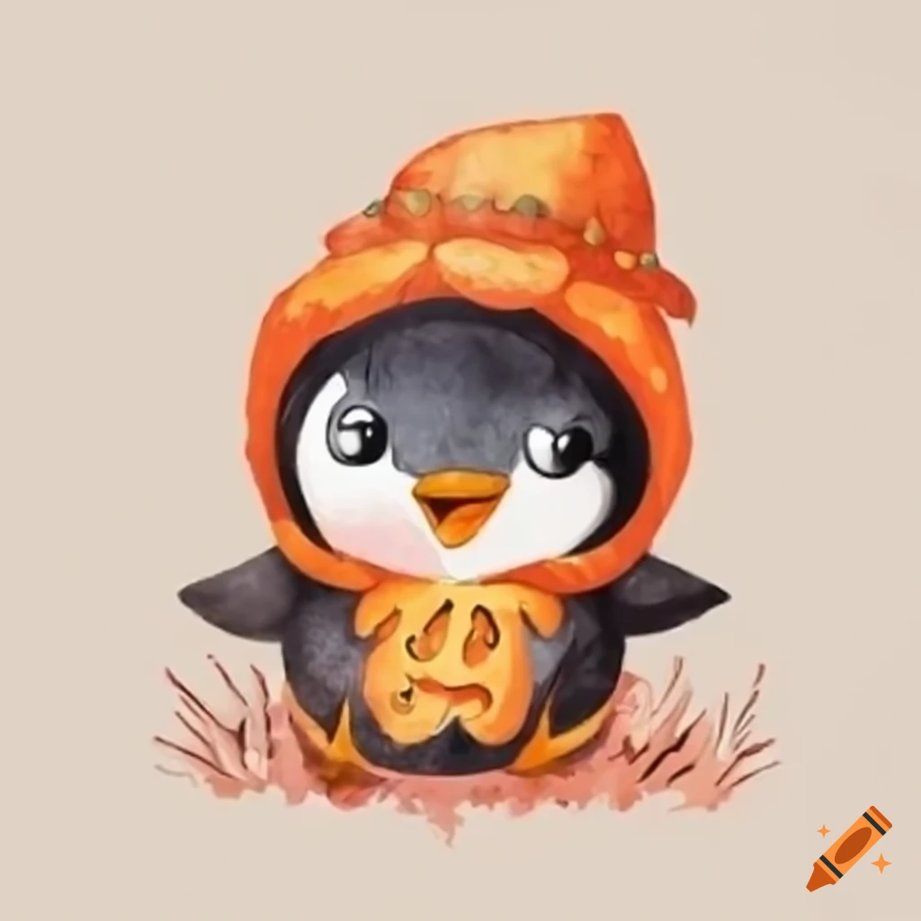 cartoon penguin in pumpkin outfit