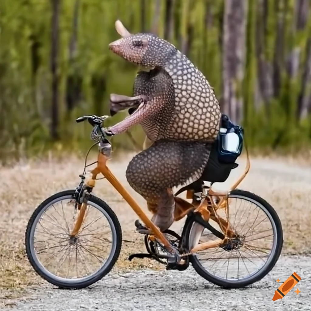 Armadillo riding a bicycle in patagonia with sunglasses on Craiyon