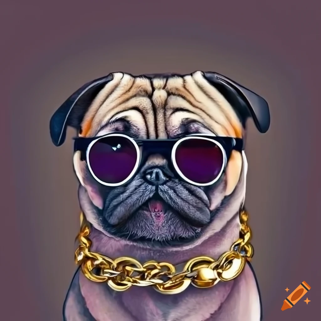 Pug dog wearing sunglasses, bandana, and gold chain on Craiyon