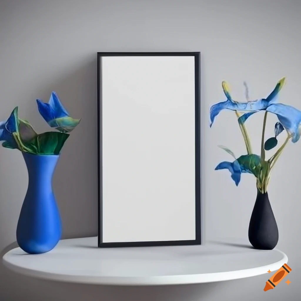 3d book mockup on a white coffee table with blue lillies on Craiyon