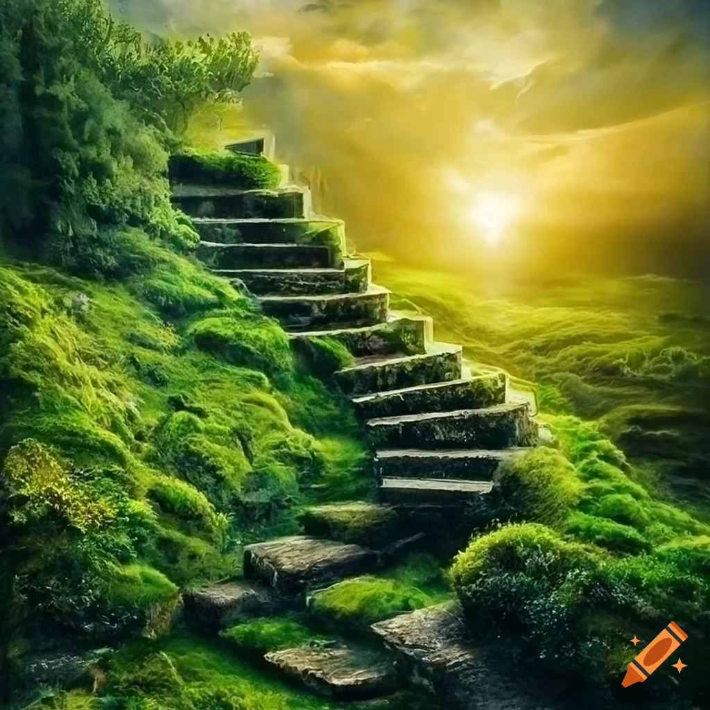 surreal artwork of a long staircase leading to a magical world
