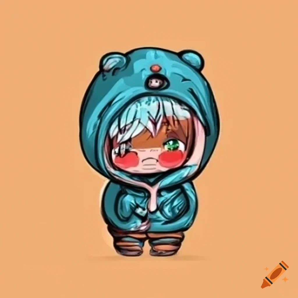 black and white line drawing of a cute bear in an oversized hoodie