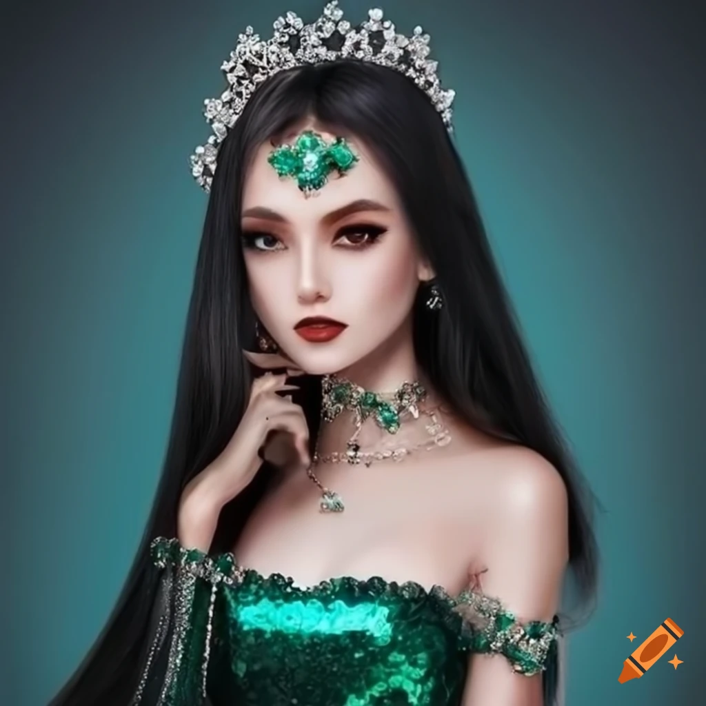 image of a beautiful princess in a dark green sequin dress