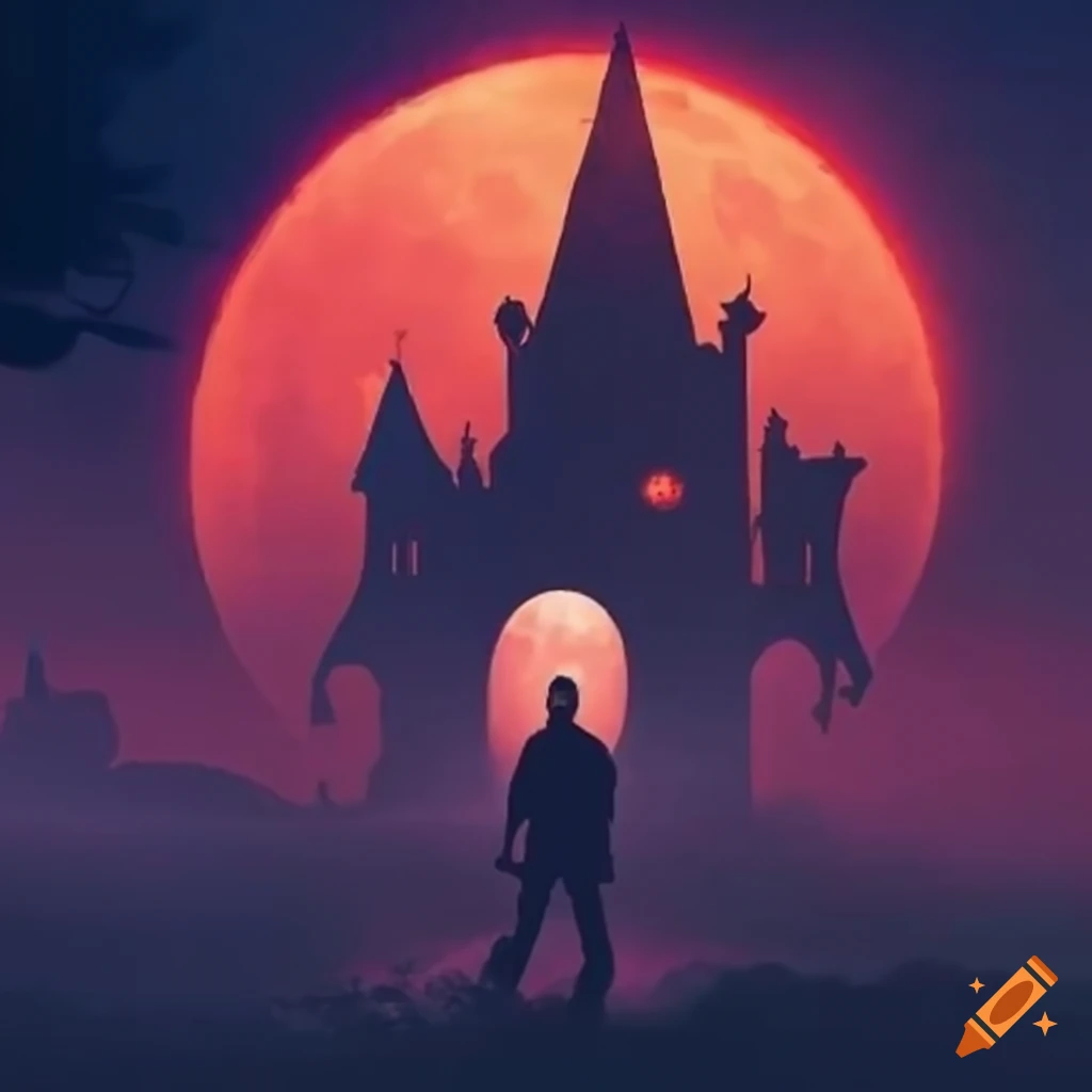 Night scene with a man in front of a vampire manor
