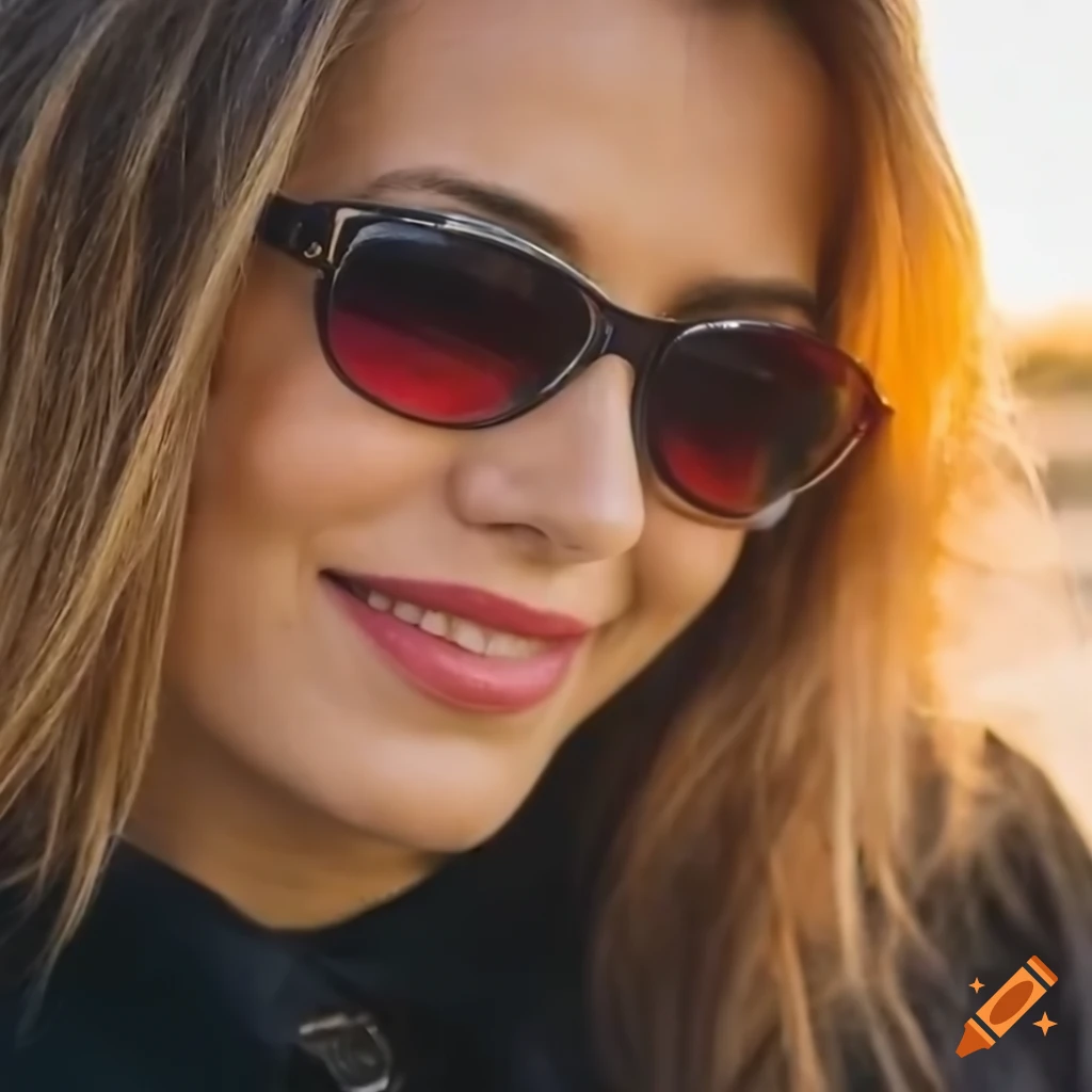 Close-up portrait of a woman with short brown hair and sunglasses on ...