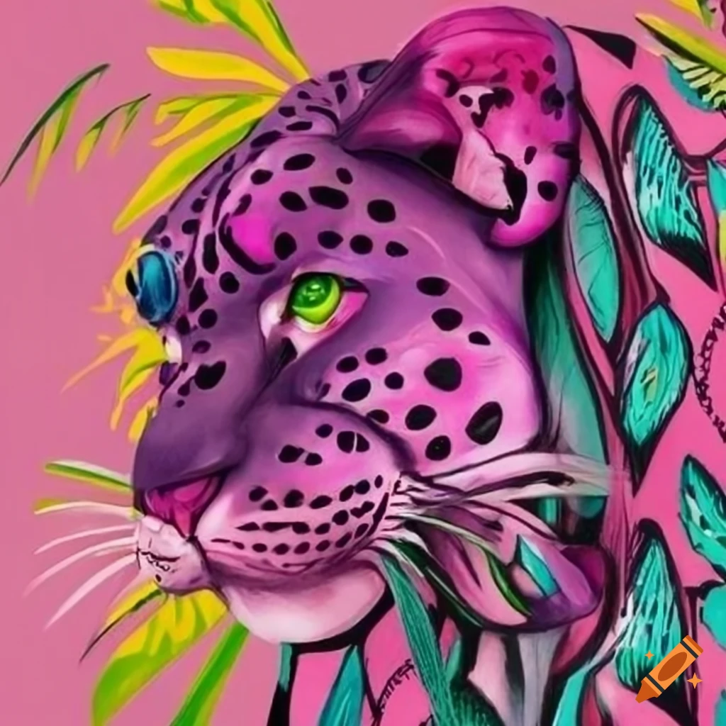 Colorful tropical art with a pink panther