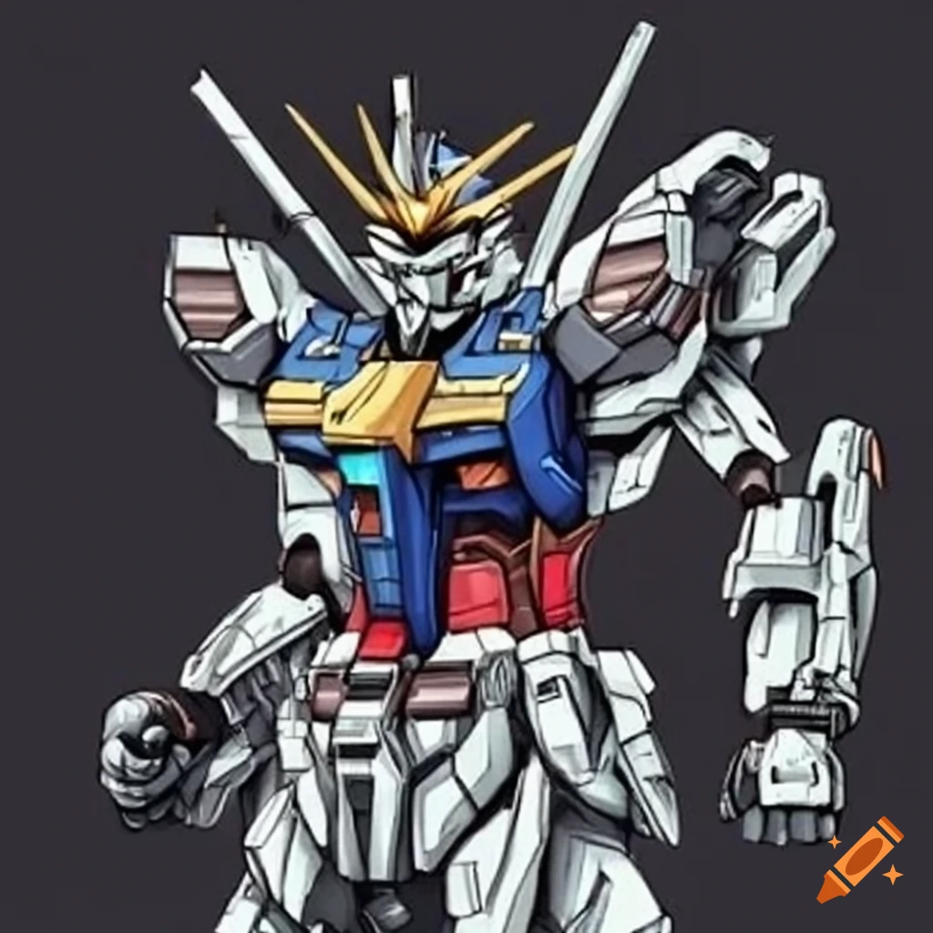 detailed pen and ink illustration of Gundam