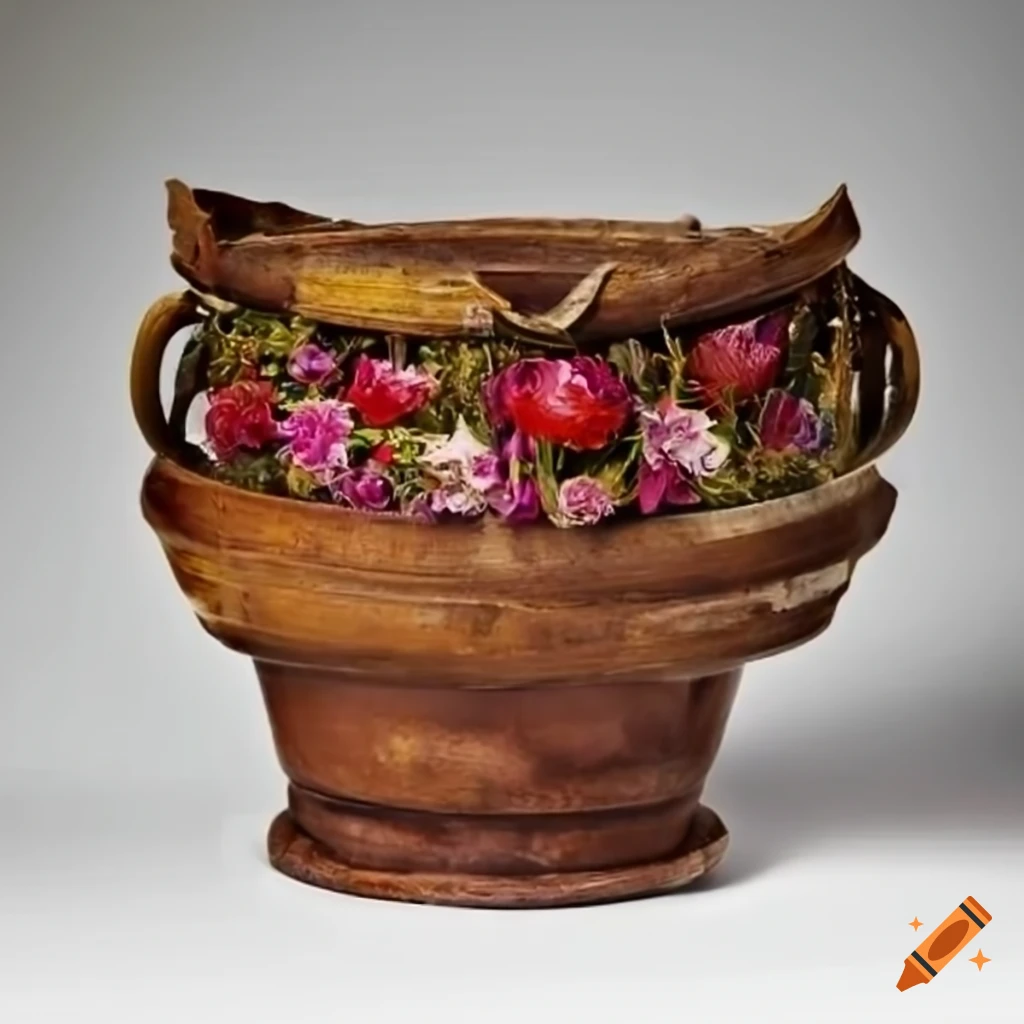 floral arrangement in a broken pot