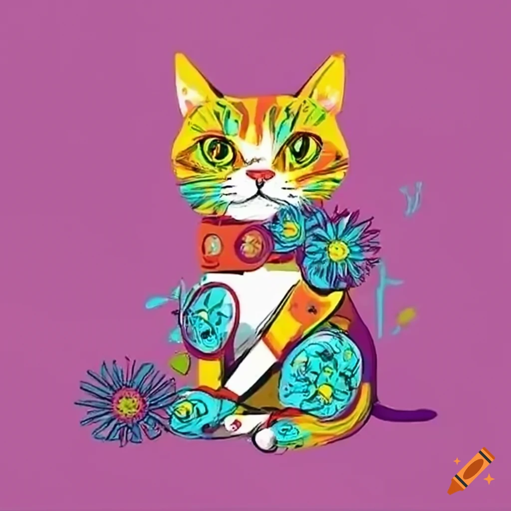 cat with a robot leg next to flowers