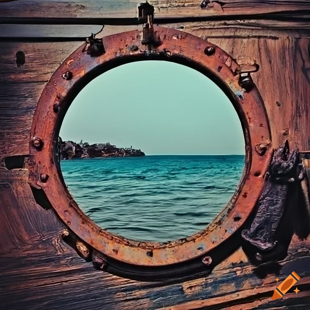 Vintage rusted porthole on a ship