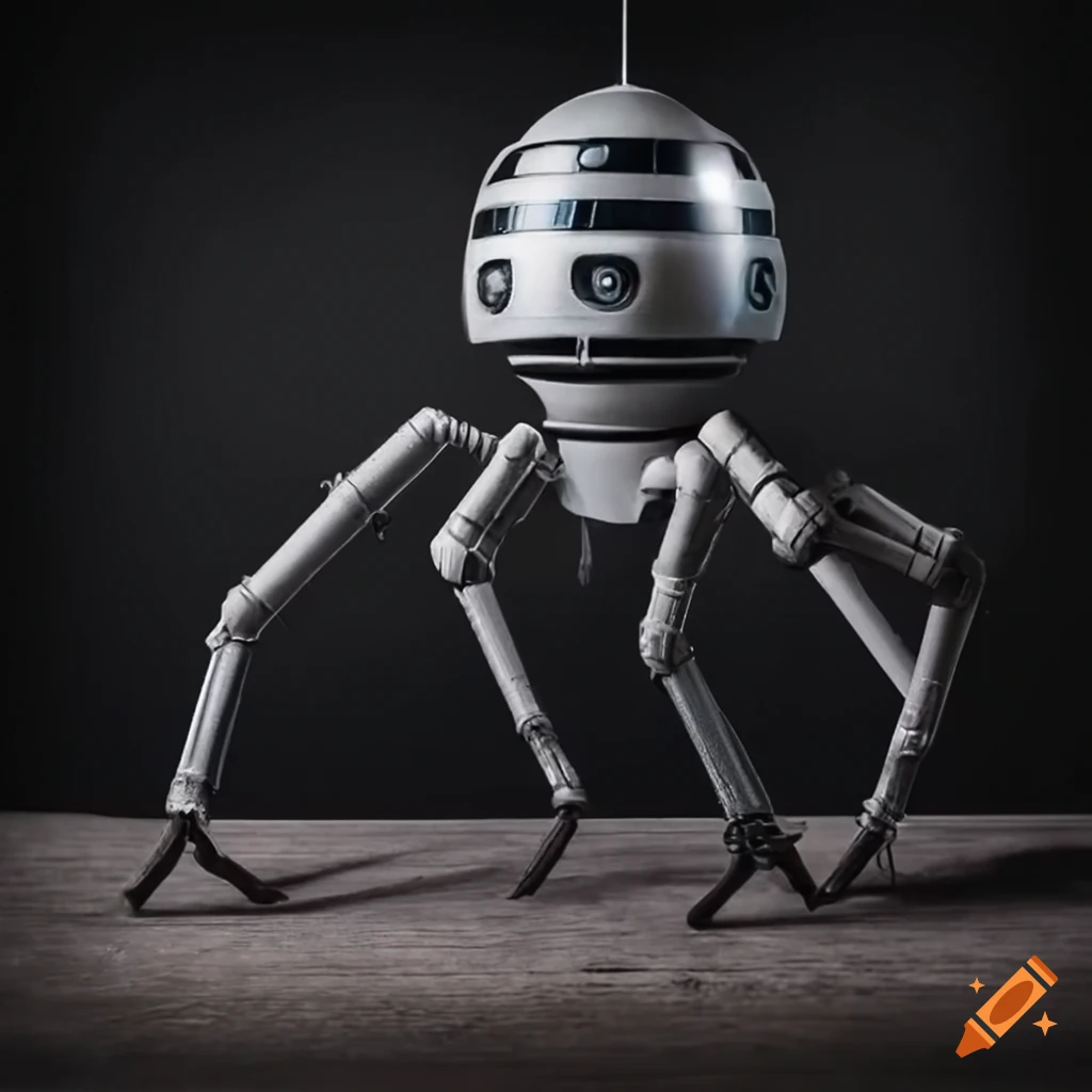 Futuristic droid with spider-like legs and rocket booster
