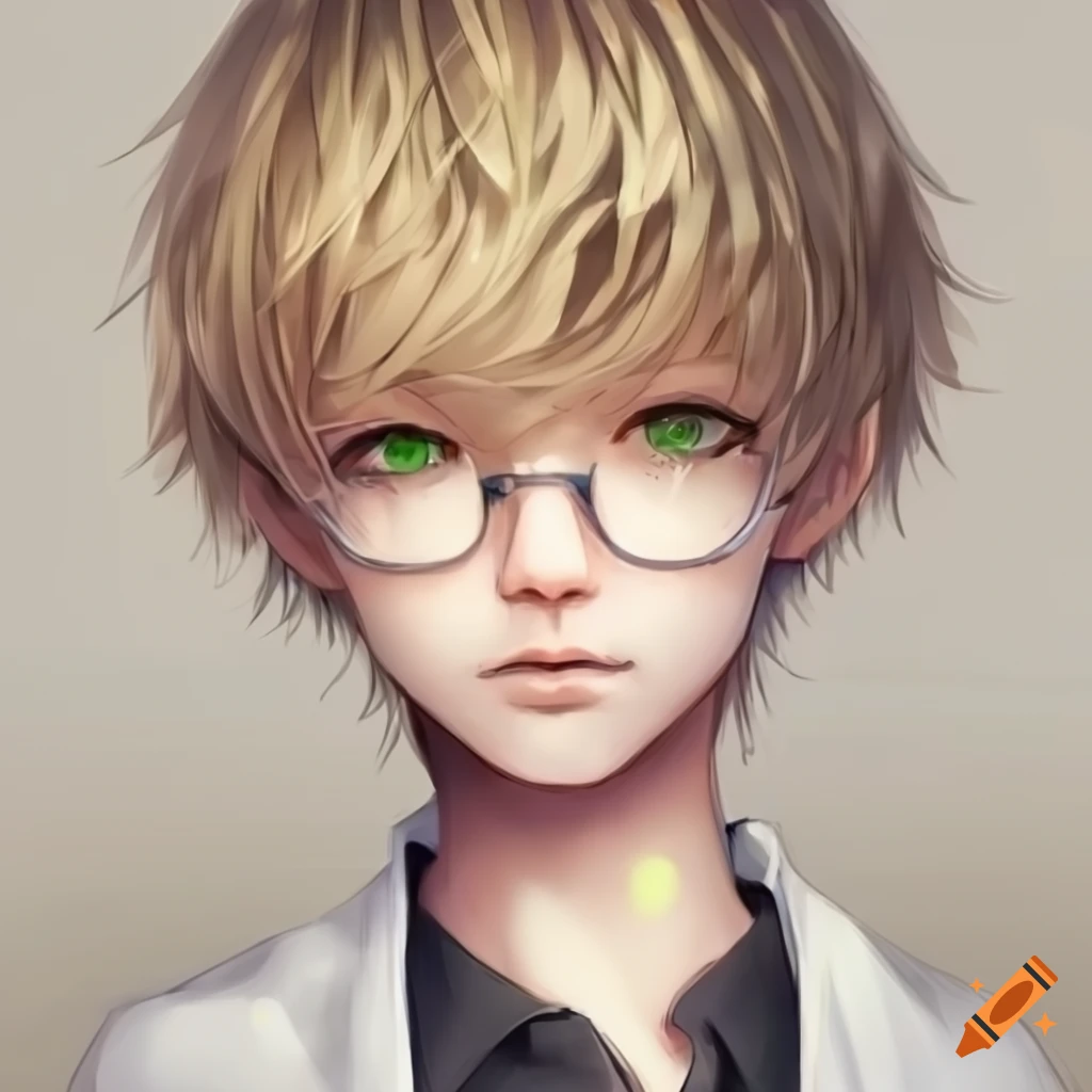 anime character, pale-skinned boy with green eyes and messy blonde hair