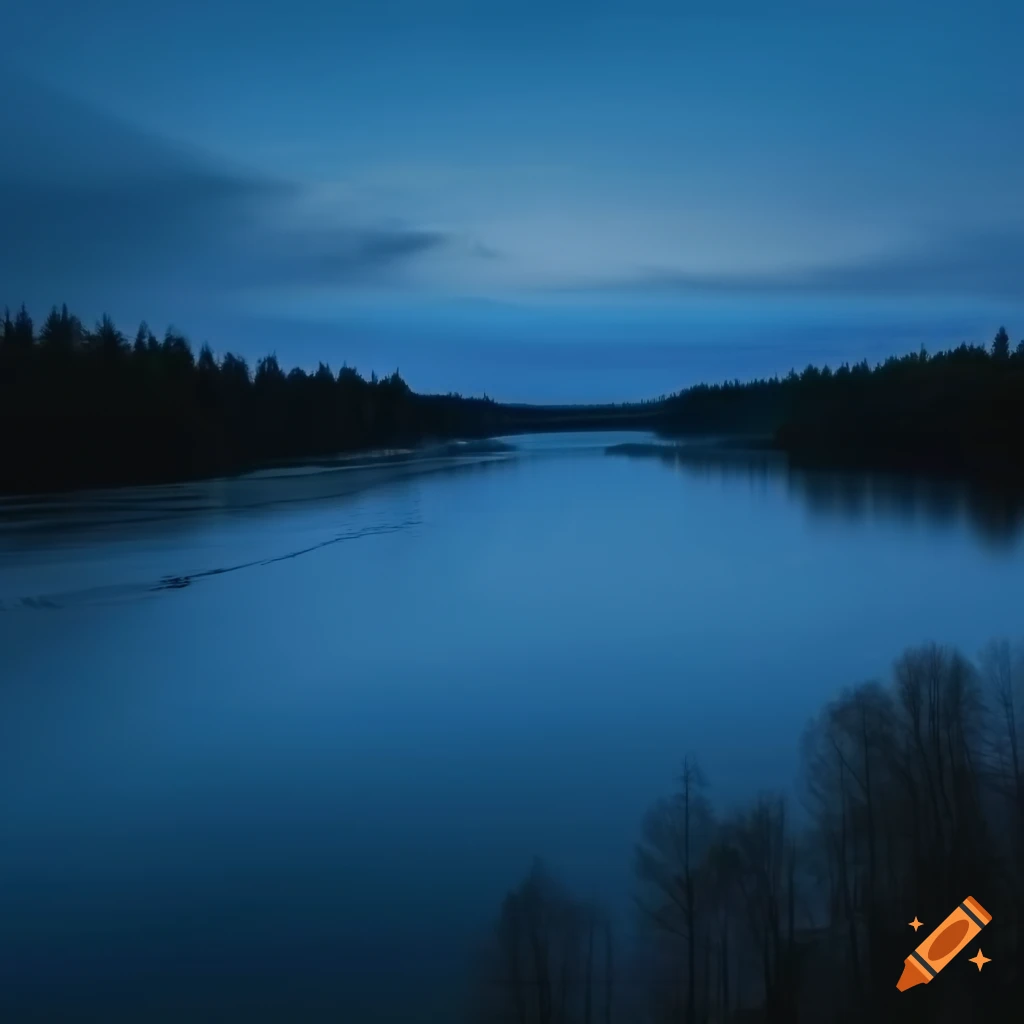 blue dusk view of a river surrounded by woods