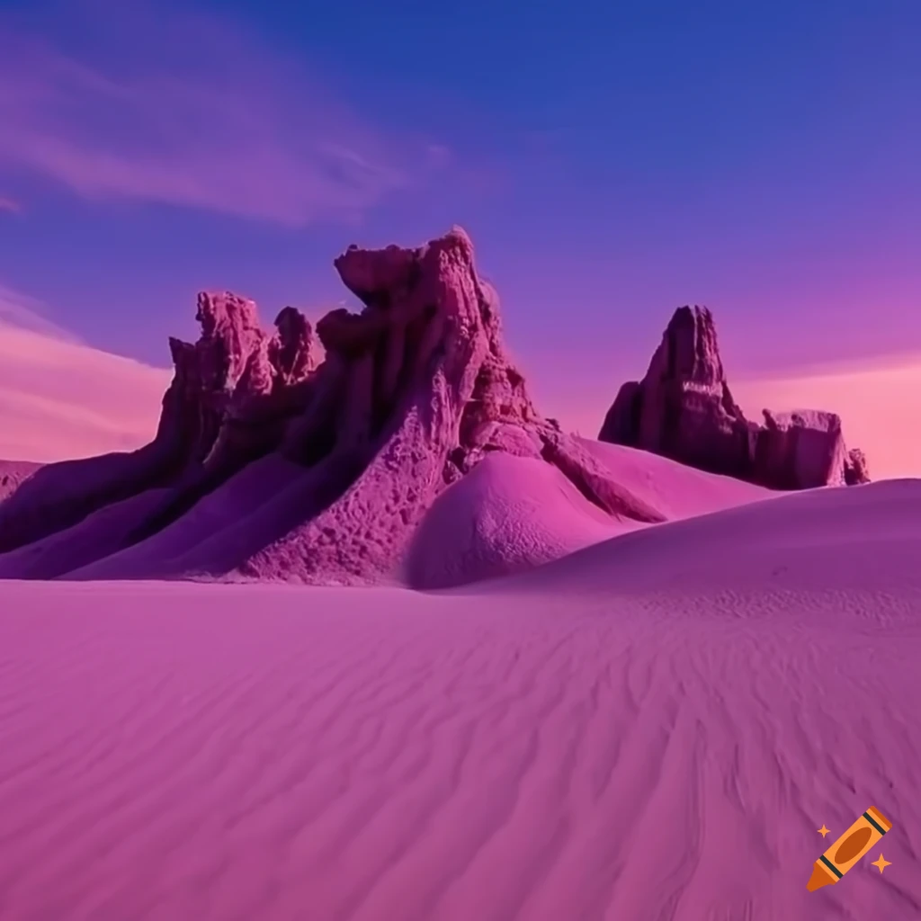 purple desert with carved blue stone tufas