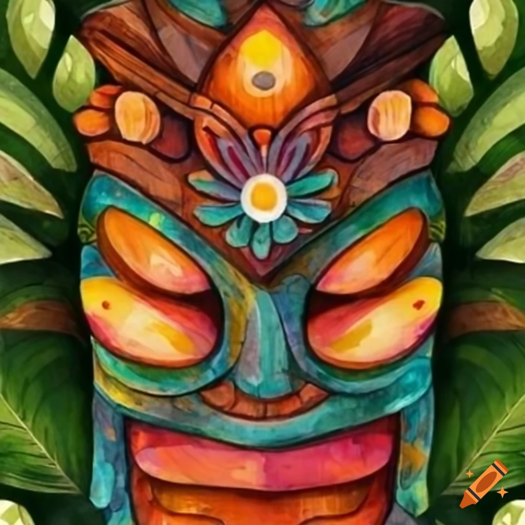 colorful tiki head surrounded by tropical leaves and flowers