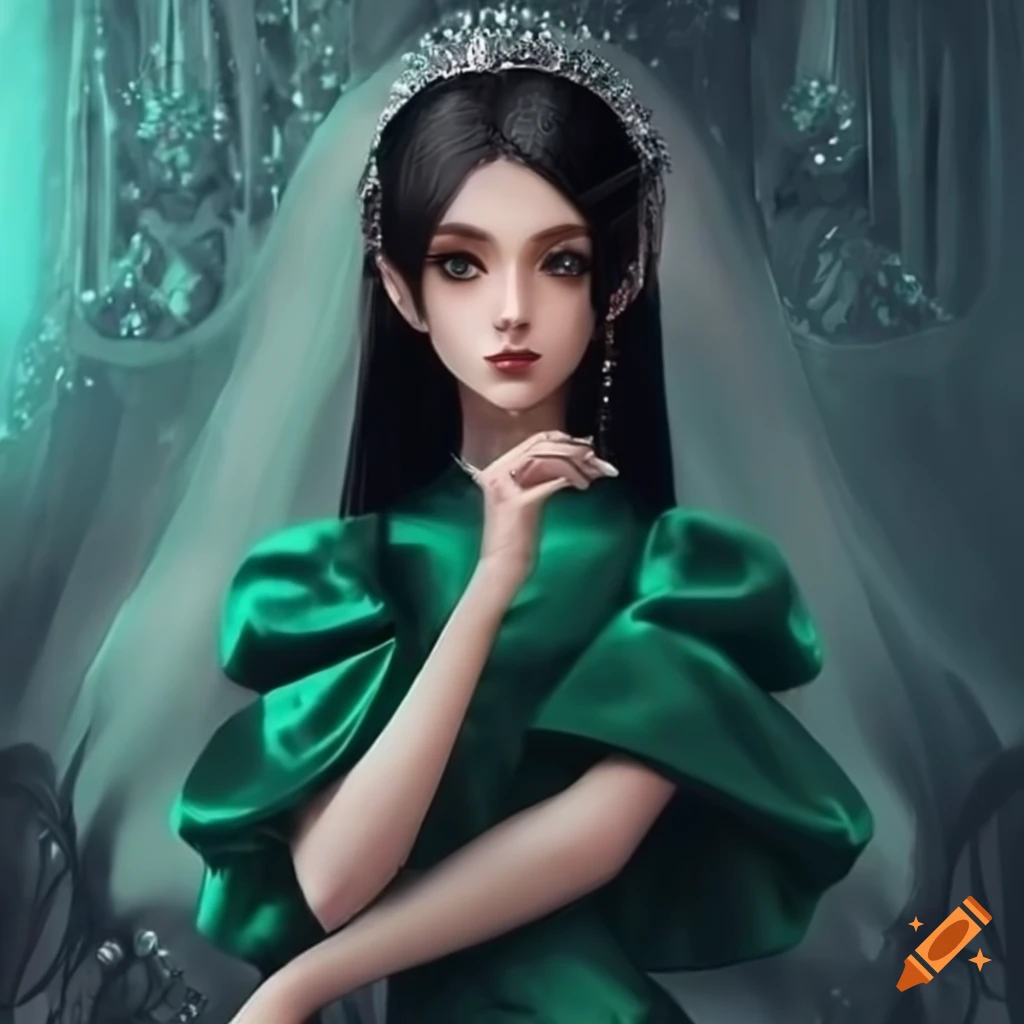 Illustration of a beautiful princess in a green satin dress on Craiyon