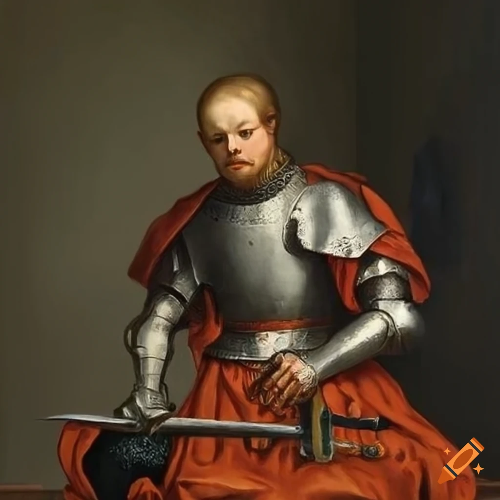 Flemish painting of a knight kneeling with his sword