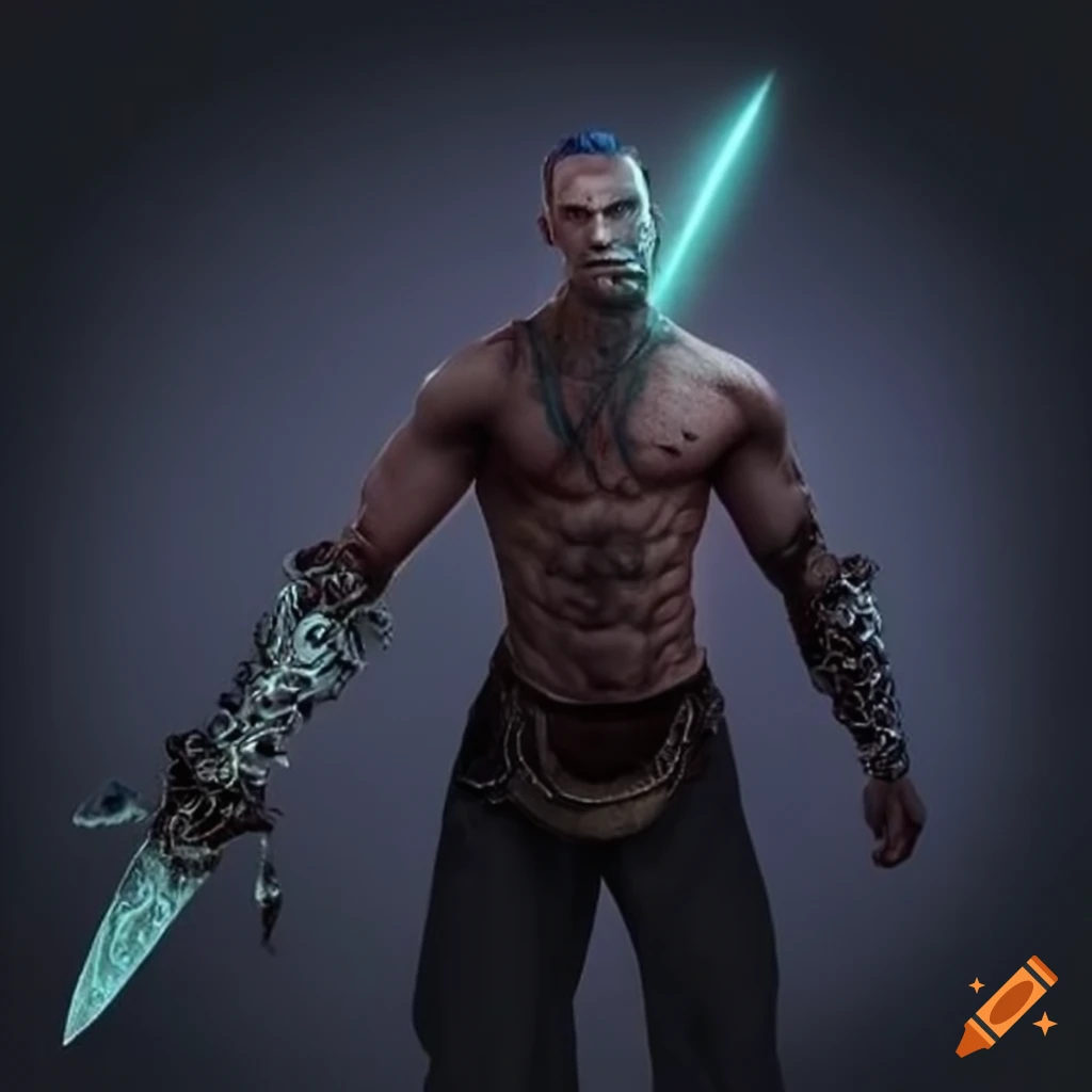 Image of a muscular warrior with glowing sword on Craiyon