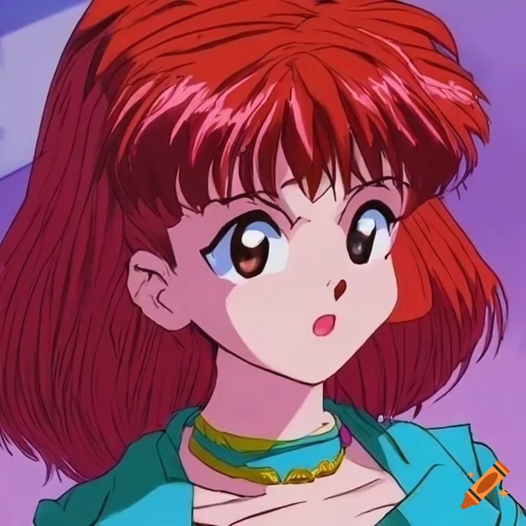 90s anime female badass character with long brunette hair, red cap