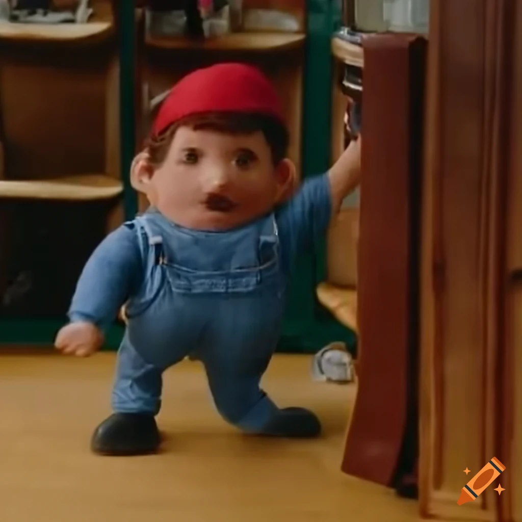 Humorous character inspired by mario with a 'l' cap and oversized