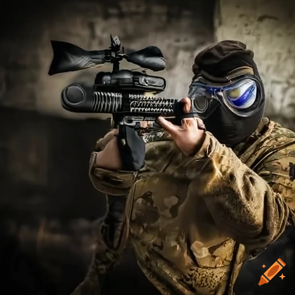 person playing paintball in a village