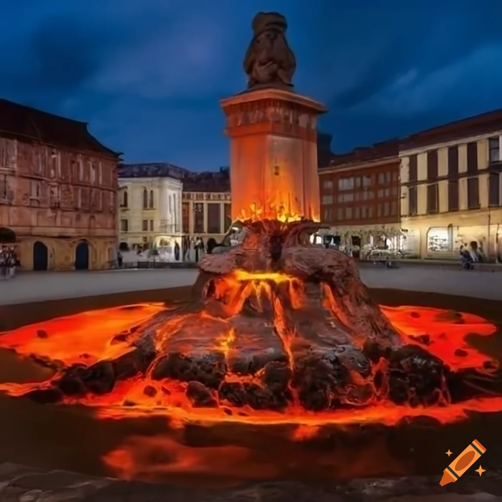 Stunning lava fountain in a historic plaza on Craiyon