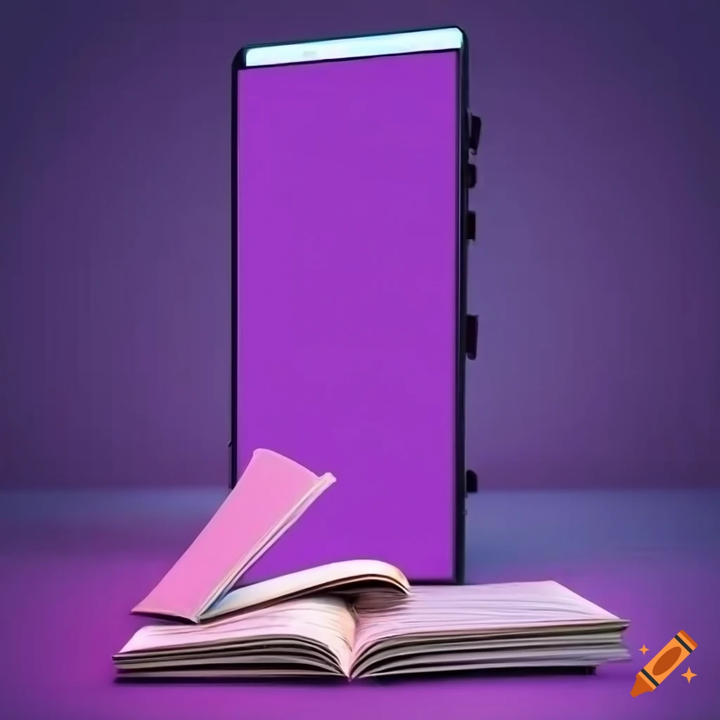 neon-lit cityscape with smartphone and book falling out of screen