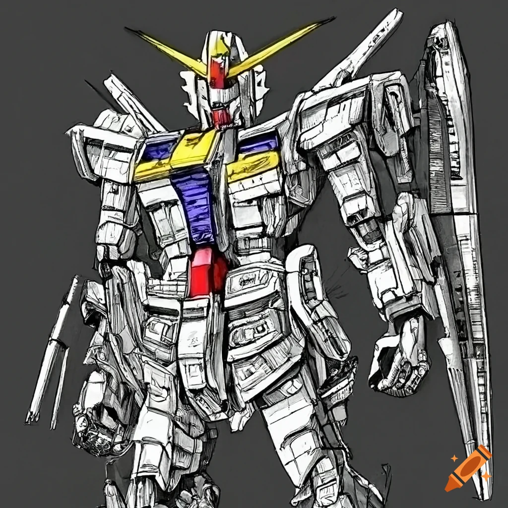 detailed pen and ink illustration of Gundam
