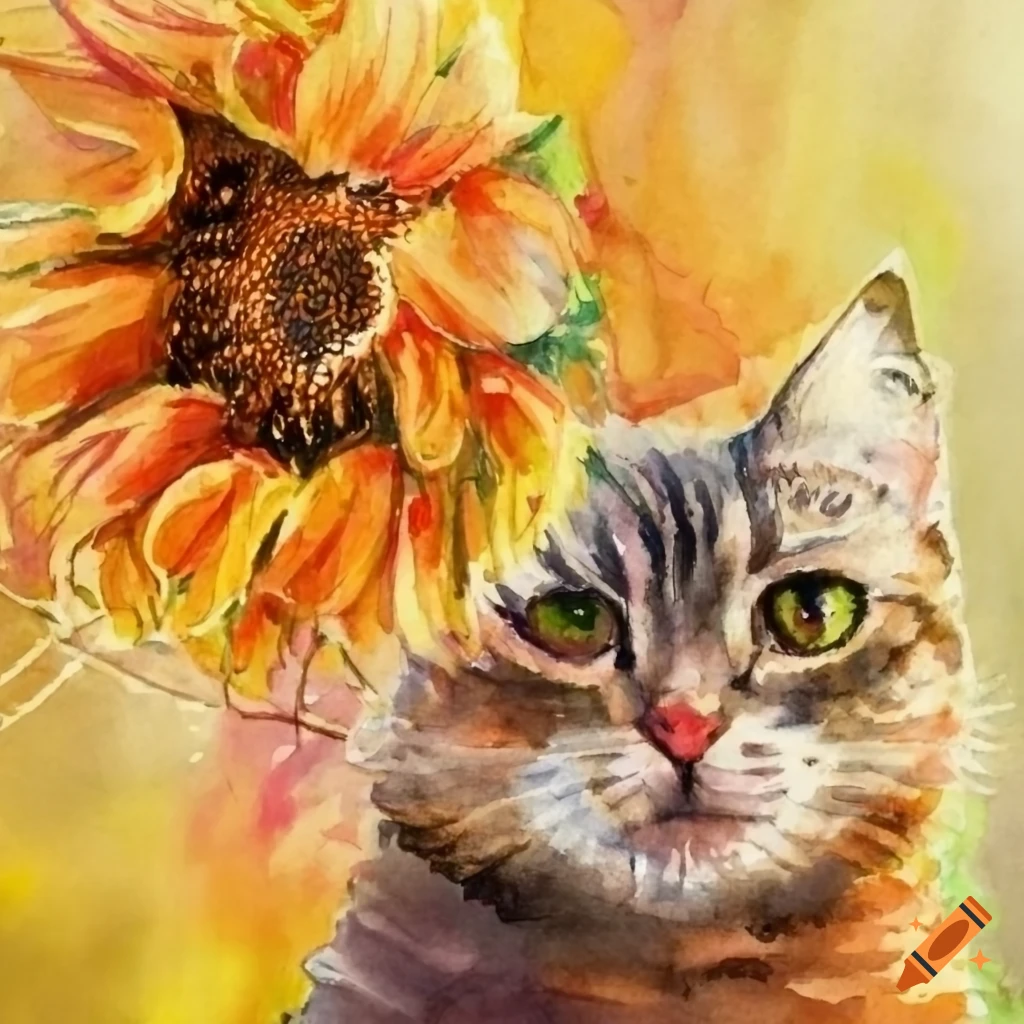 Watercolor of yarn sunflowers with cats on Craiyon