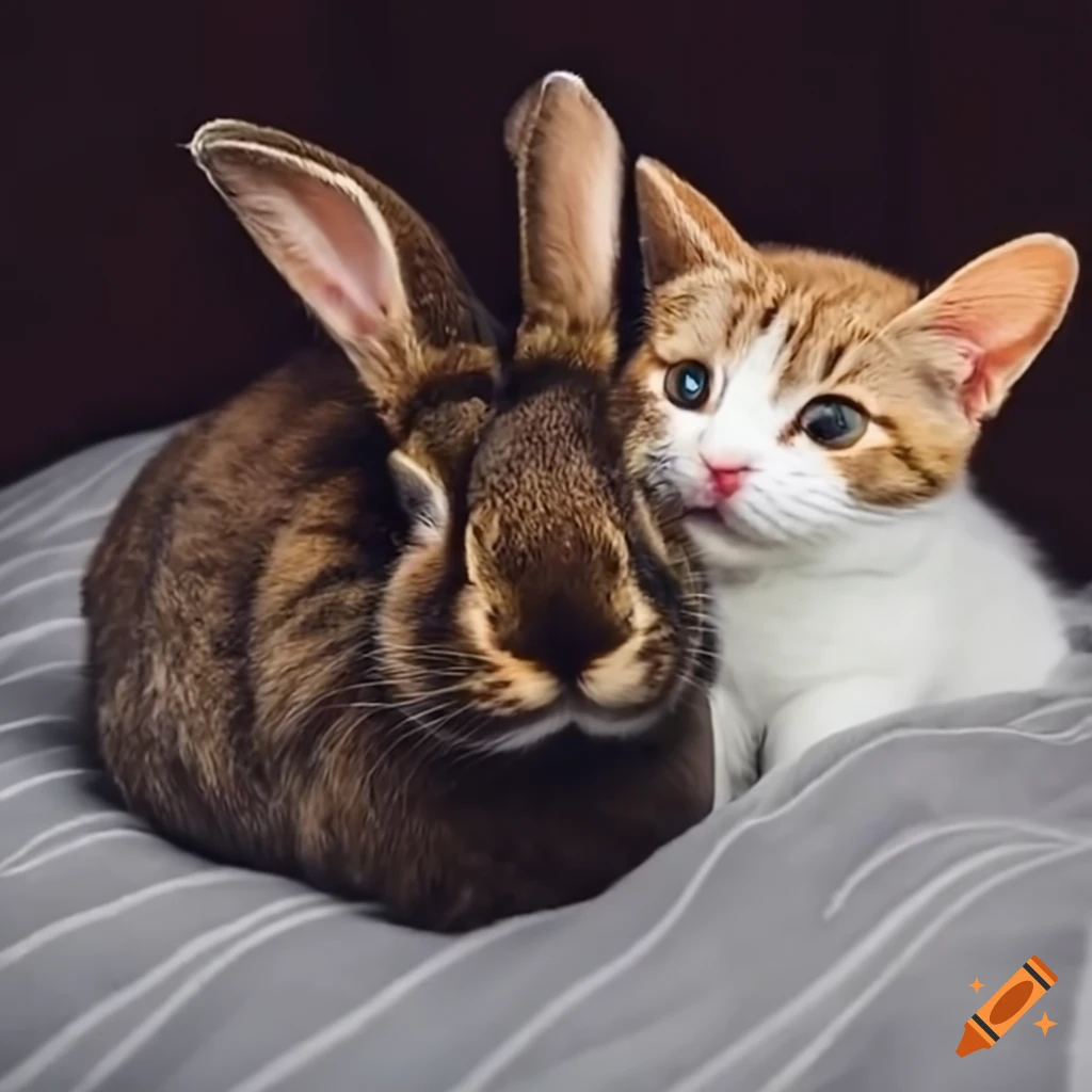 Cuddling rabbit and cat in bed on Craiyon