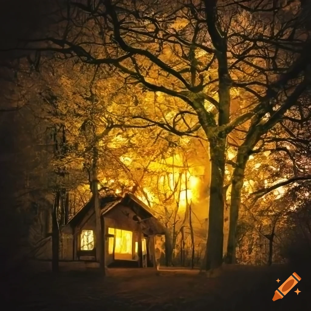 treehouse with yellow lights surrounded by leaves