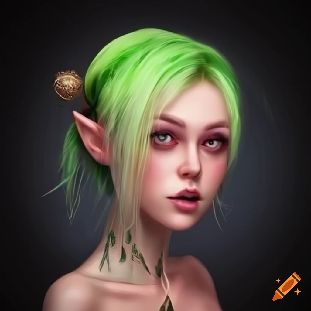 Artwork of an elf girl with pink and green hair