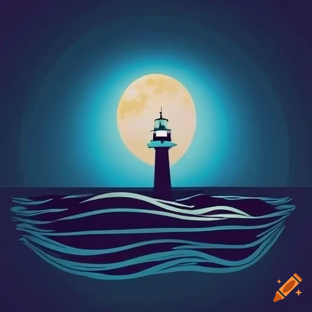 logo of a sailboat with lighthouse and moon in primary colors