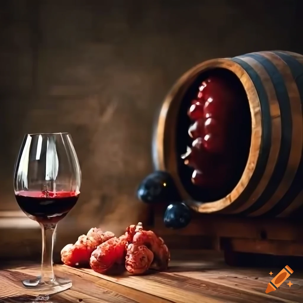 wine cellar with barrels and a glass of wine