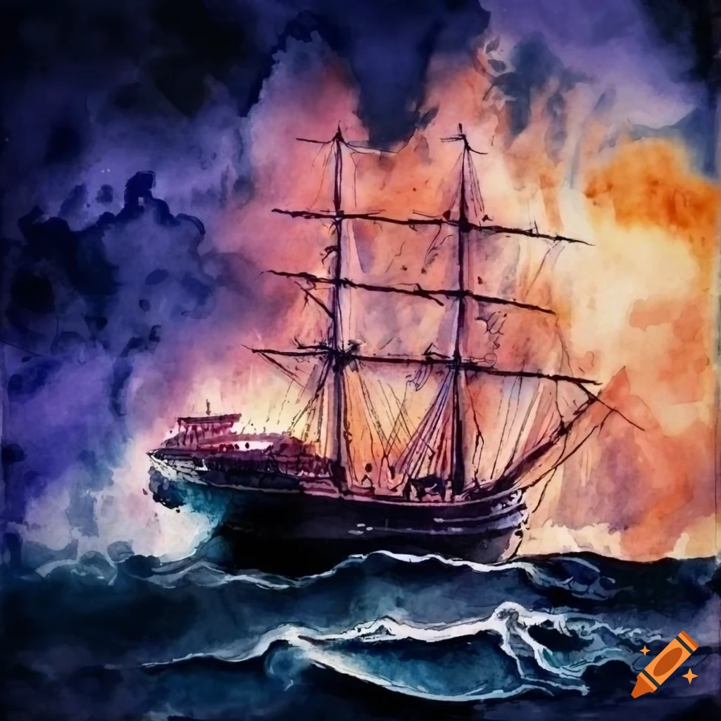 Watercolor of a sailing ship in a violent storm