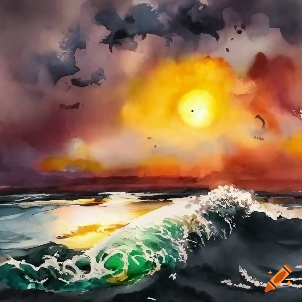 watercolor of crashing waves at sunset