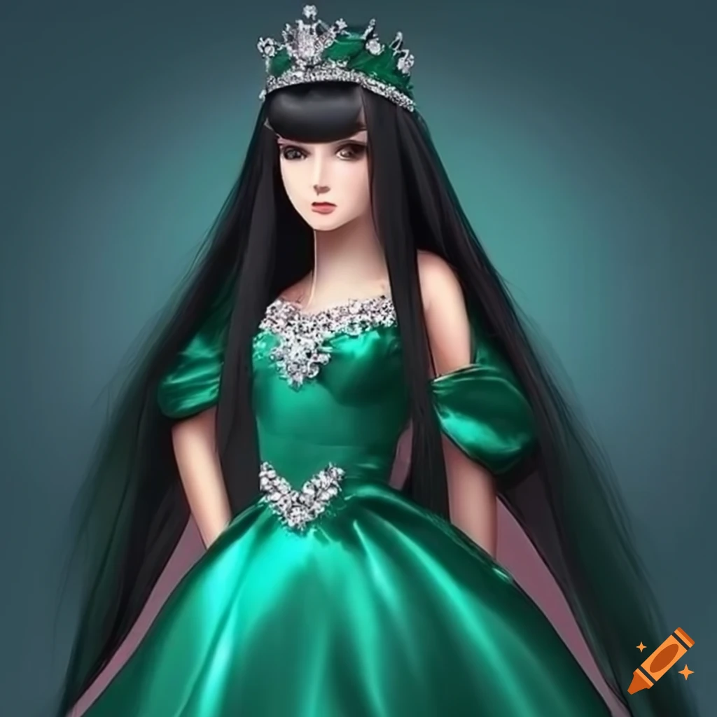 ethereal princess with long black hair in a green satin dress
