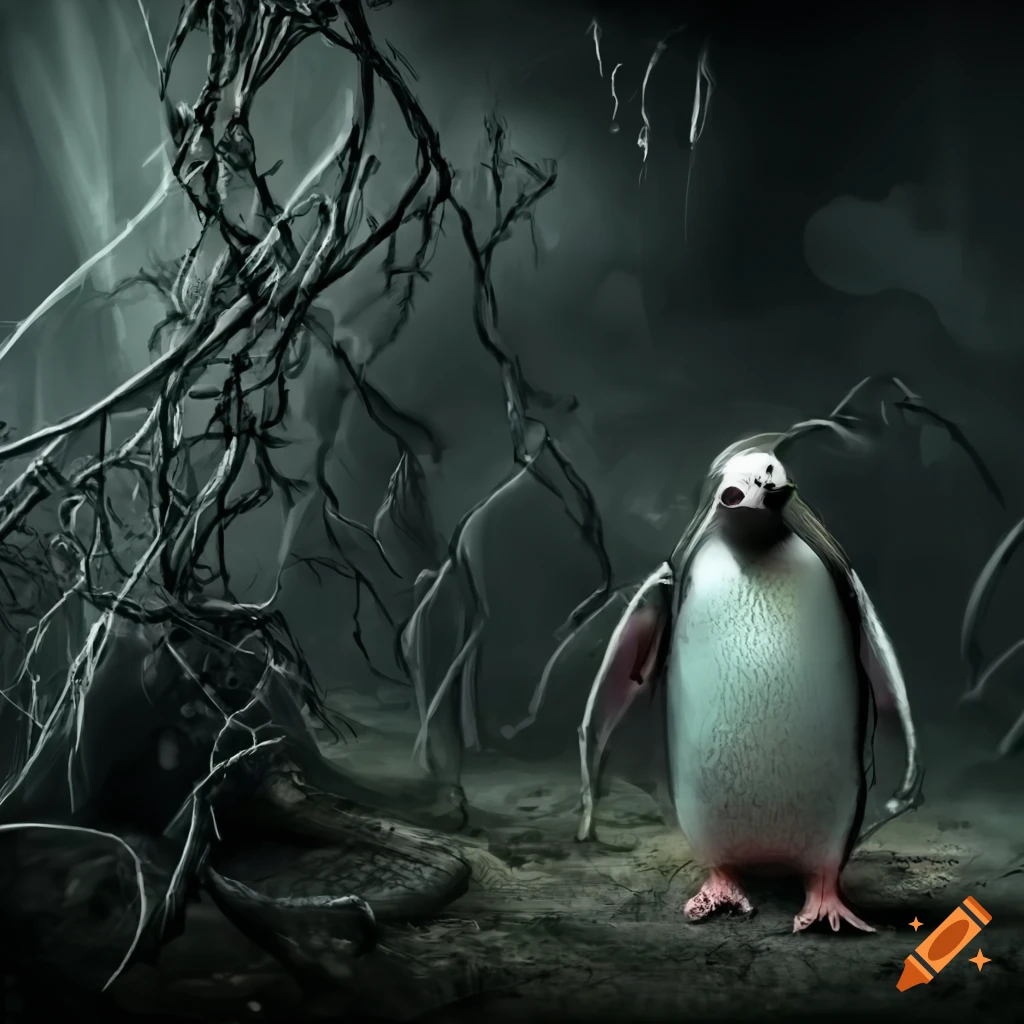 surreal artwork of a penguin with twisted elements