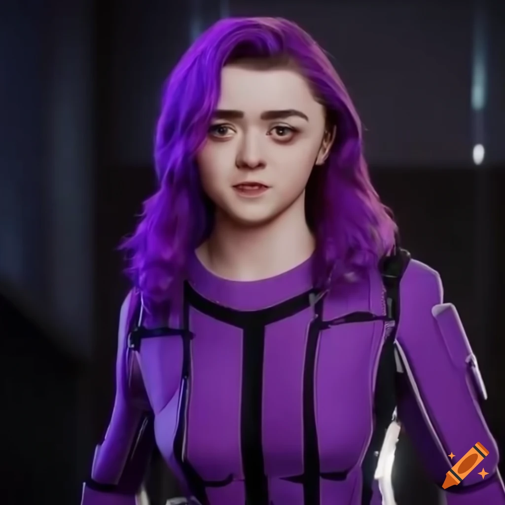 Maisie williams as a futuristic girl with purple hair and a white robot ...