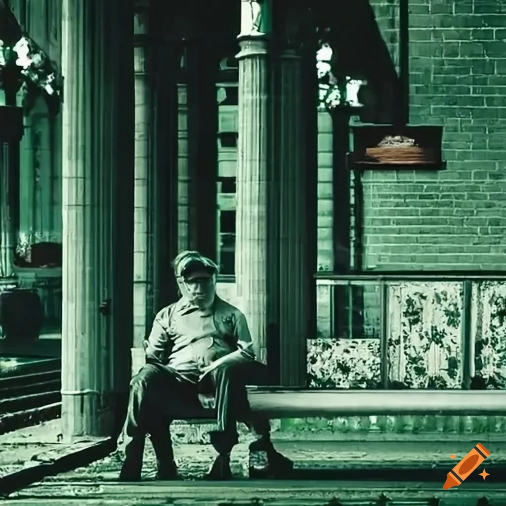 man sitting on a green train station bench