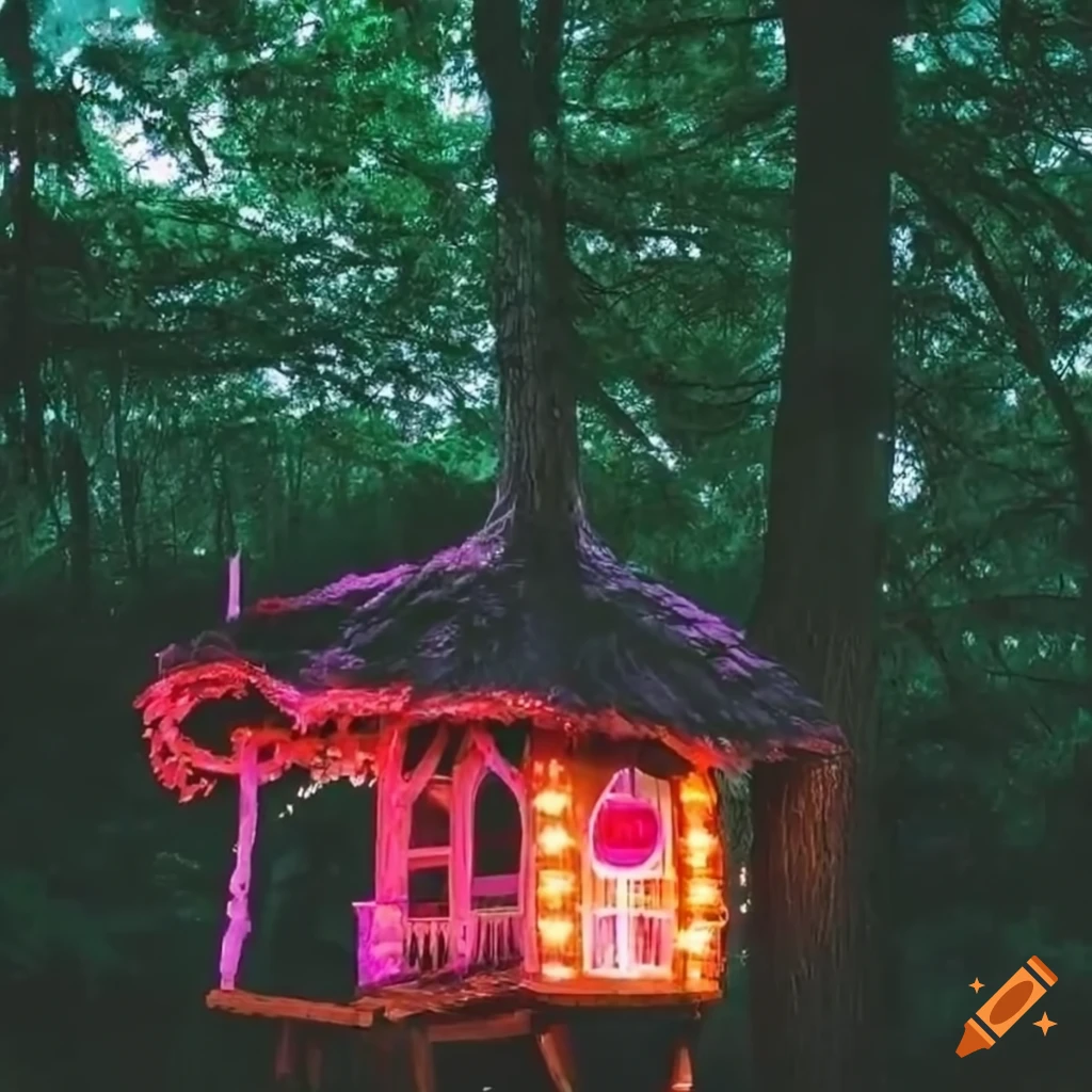 Magical tree house with glowing pink lights on Craiyon