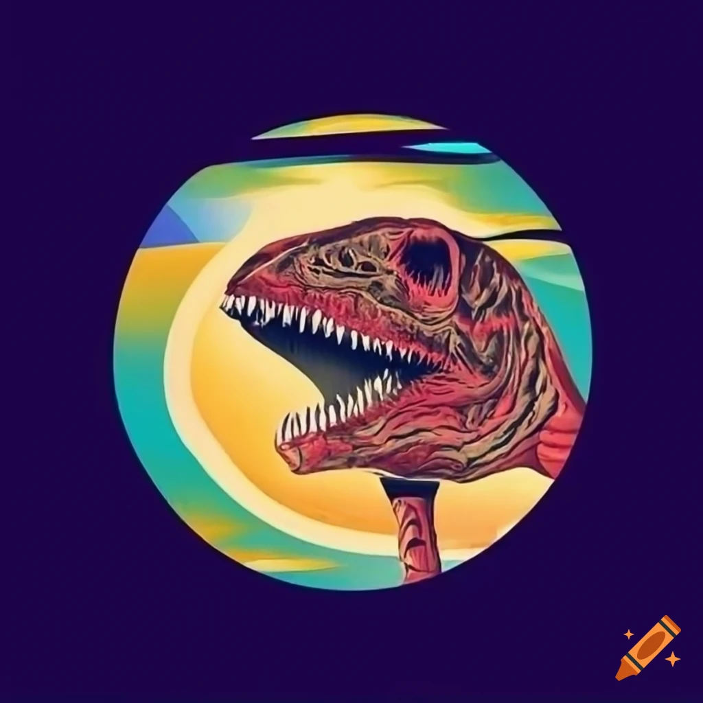vibrant logo with fossil, crystal, dinosaur and mountains