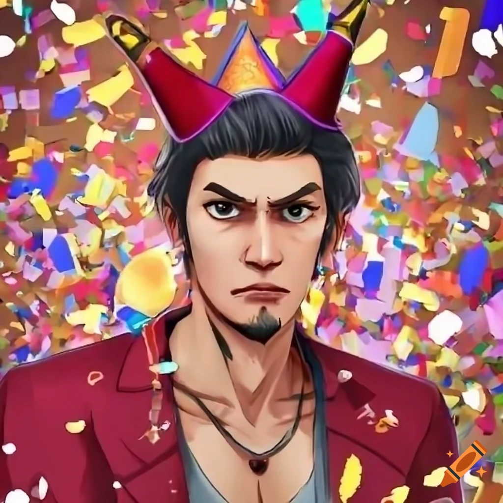 Kiryu kazuma celebrating with confetti