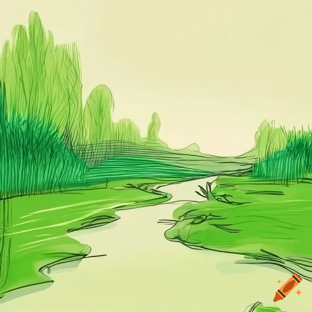 One point perspective drawing of a river in a green landscape