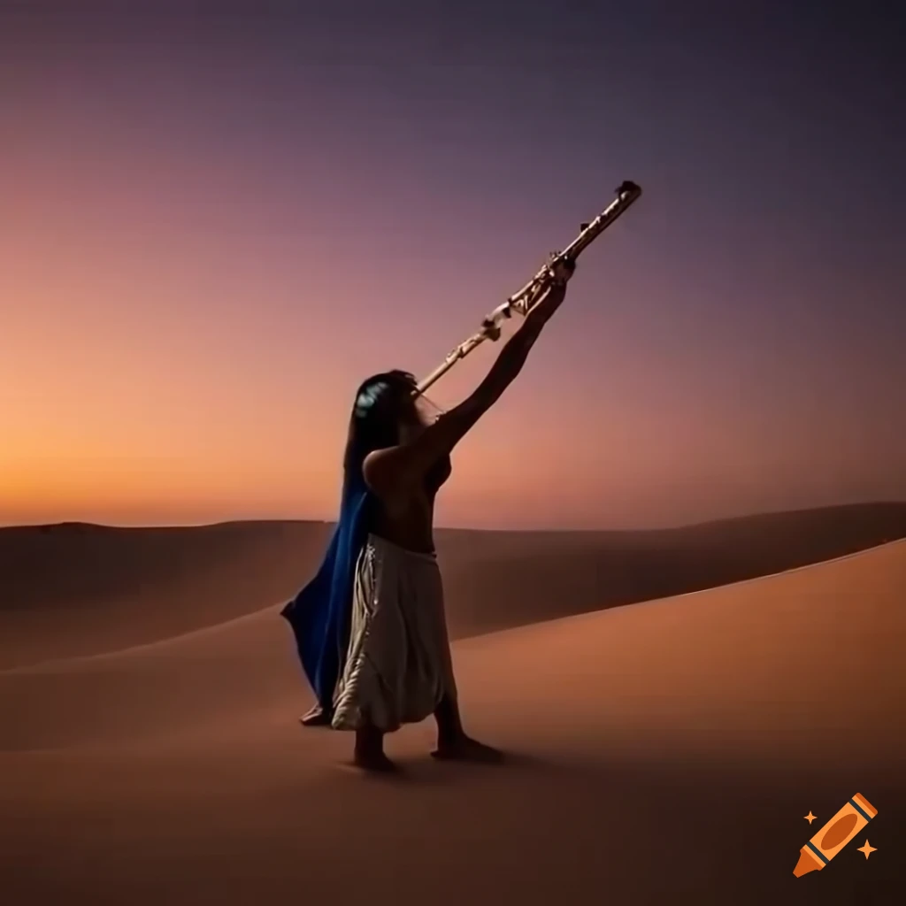 Ultra realistic depiction of an egyptian playing flute in the desert on