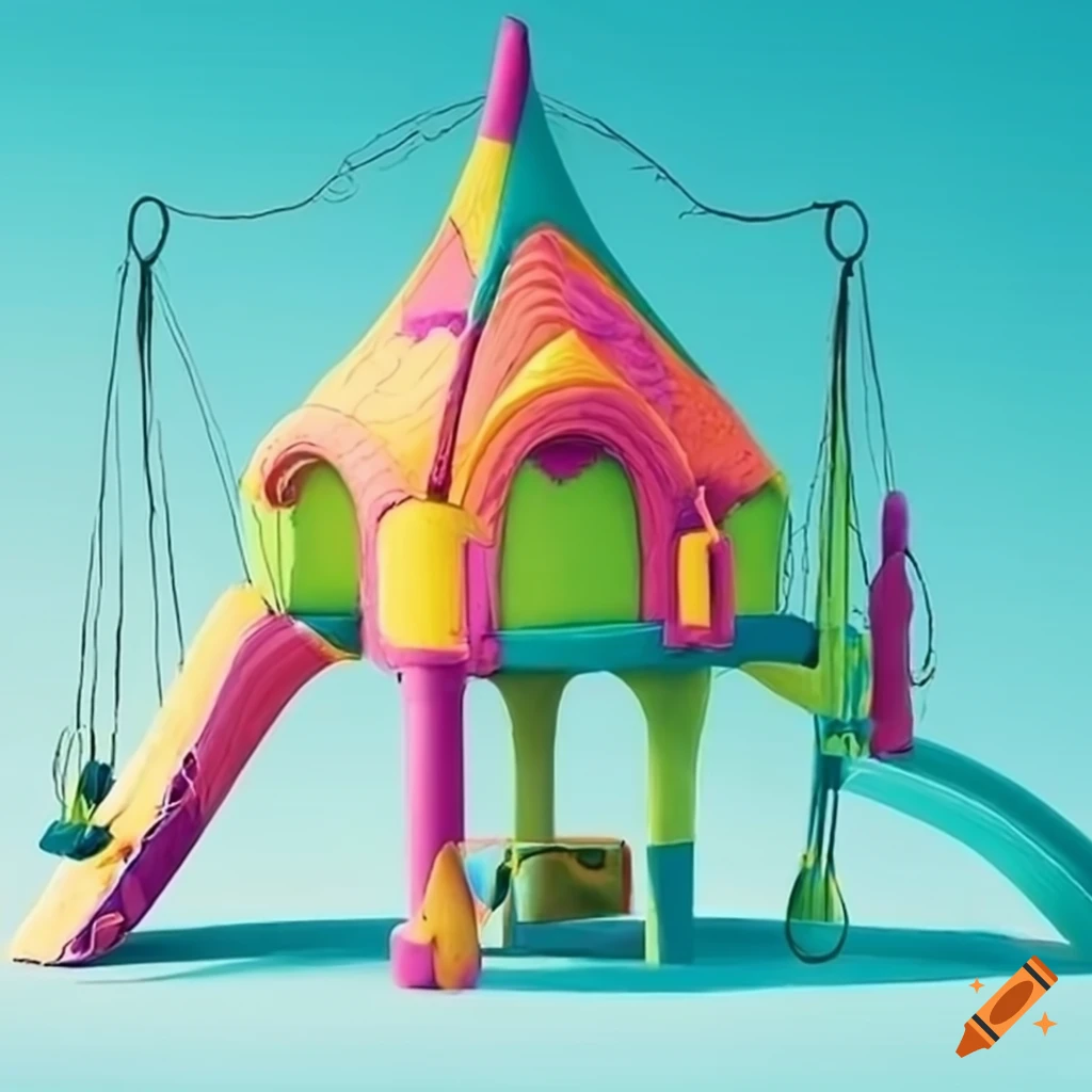 Surrealist playground with colorful structures on Craiyon
